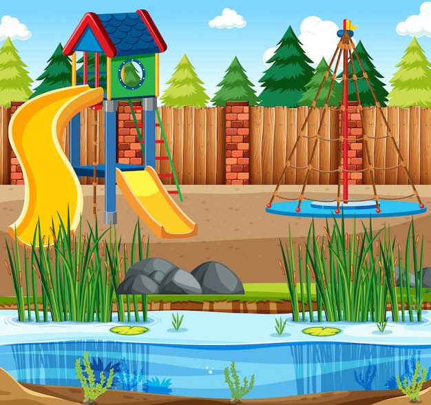 Escena de ilustración del patio de recreo con tobogán y estanque