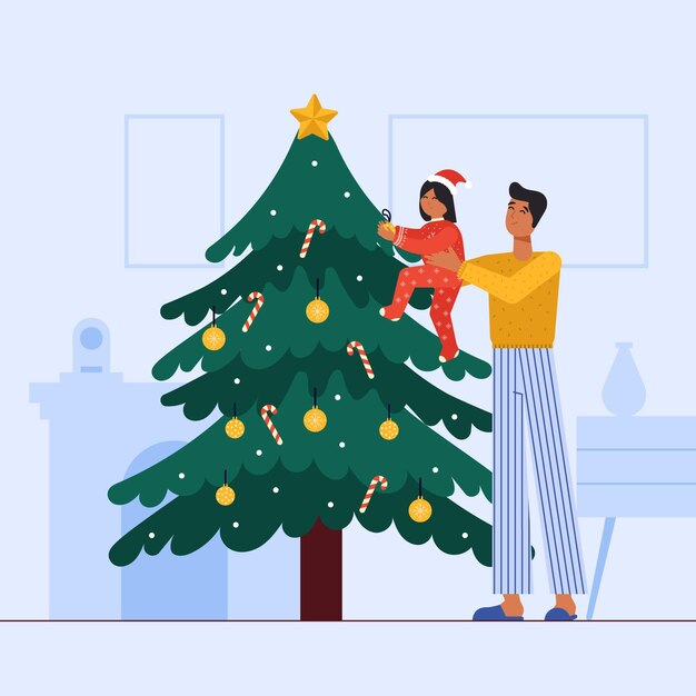 Escena ilustrada de personas decorando un árbol juntos.