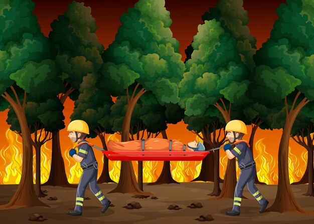 Escena de incendios forestales con rescate de bomberos en estilo de dibujos animados