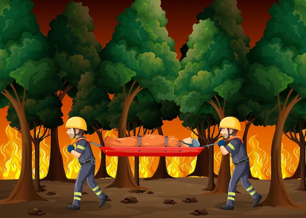Escena de incendios forestales con rescate de bomberos en estilo de dibujos animados