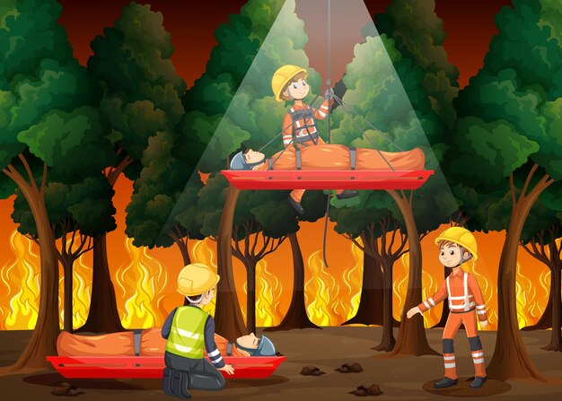 Escena de incendios forestales con rescate de bomberos en estilo de dibujos animados