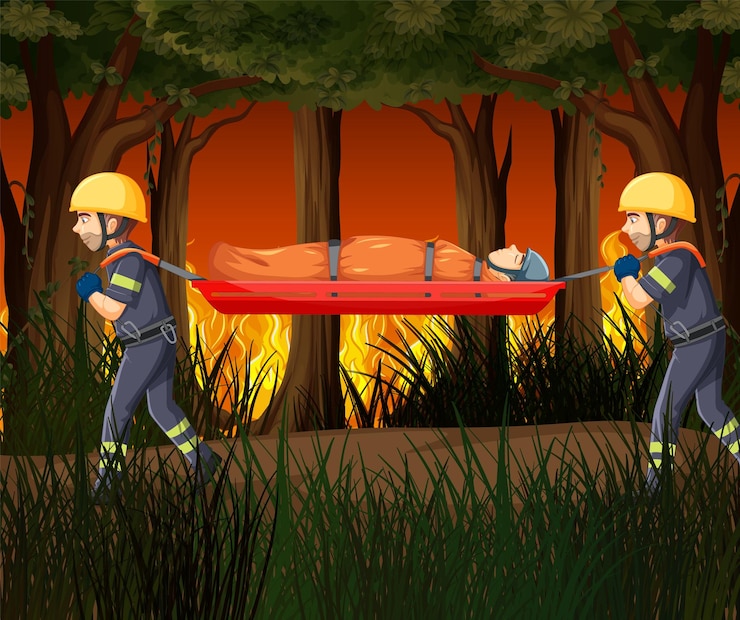 Vector gratuito escena de incendios forestales con rescate de bomberos en estilo de dibujos animados