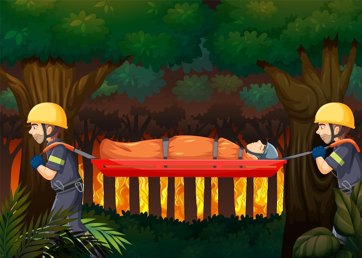 Vector gratuito escena de incendios forestales con rescate de bomberos en estilo de dibujos animados