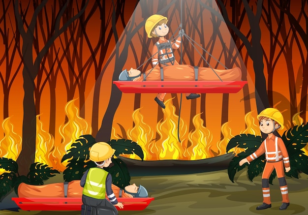 Escena de incendios forestales con rescate de bomberos en estilo de dibujos animados
