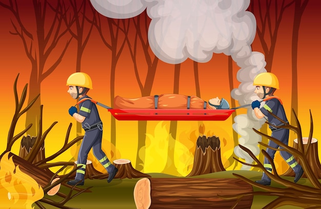 Escena de incendios forestales con rescate de bomberos en estilo de dibujos animados