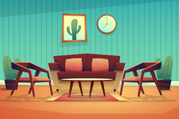 Escena interior decorada sala de estar con sofá rojo con cojines, sillón y mesa de café sobre alfombra