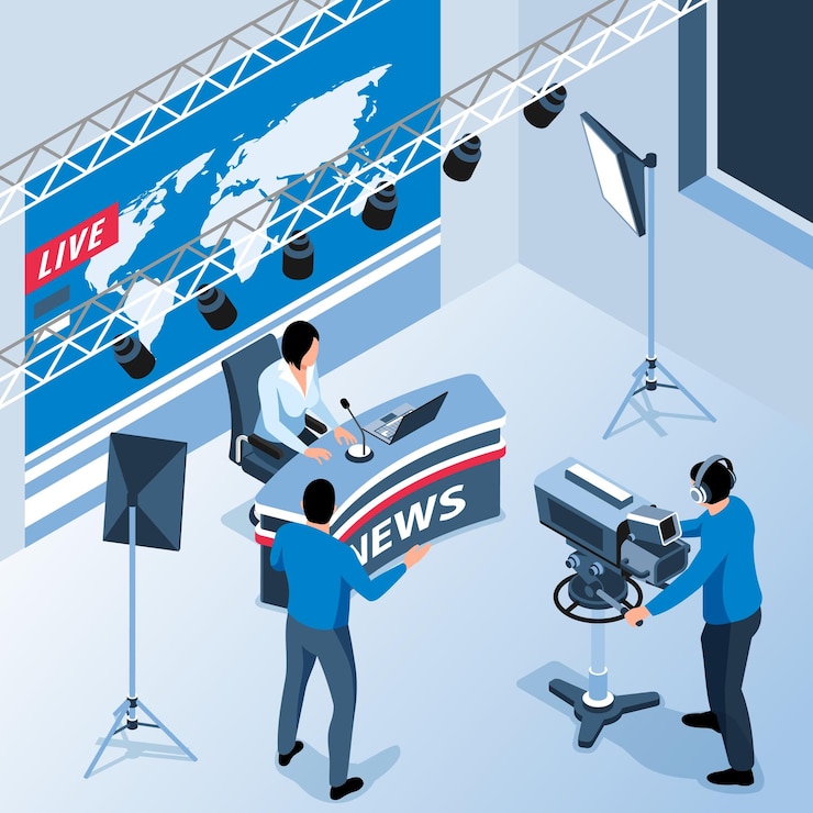 Vector gratuito escena interior del estudio de noticias de televisión con presentadora y camarógrafo con videocámara 3d ilustración vectorial isométrica