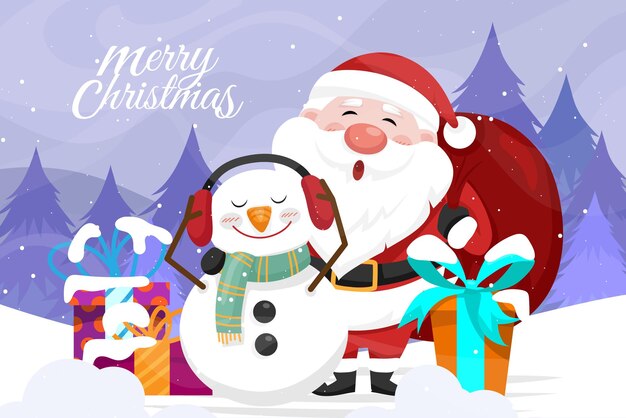 Escena de invierno cubierto de nieve entre pinos Santa Claus, muñeco de nieve y caja de regalo