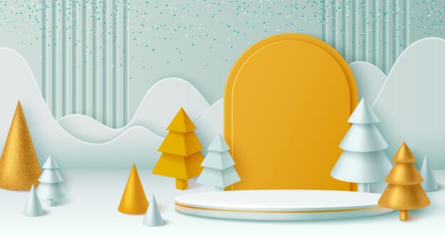 Escena de invierno de Navidad con podio y árboles