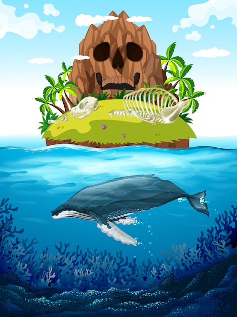 Vector gratuito escena con isla y ballena bajo el agua.