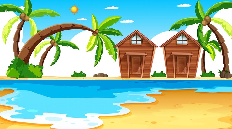 Vector gratuito escena de la isla con bangalows