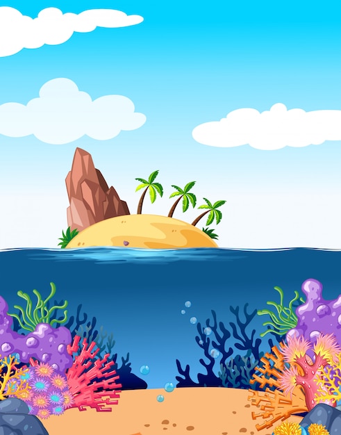 Escena con isla y coral bajo el agua.