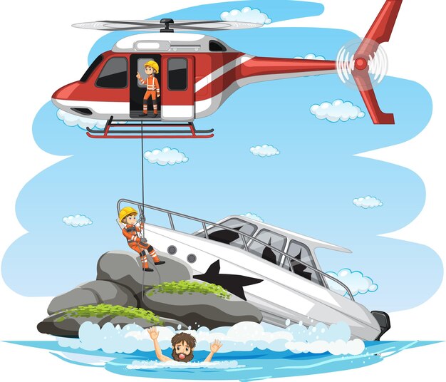 Escena de la isla con rescate en estilo de dibujos animados.