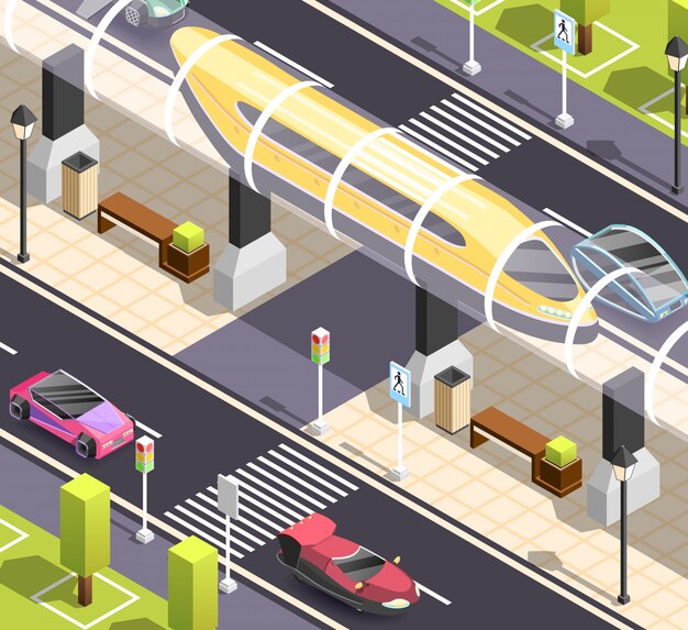 Escena isométrica de transporte futurista