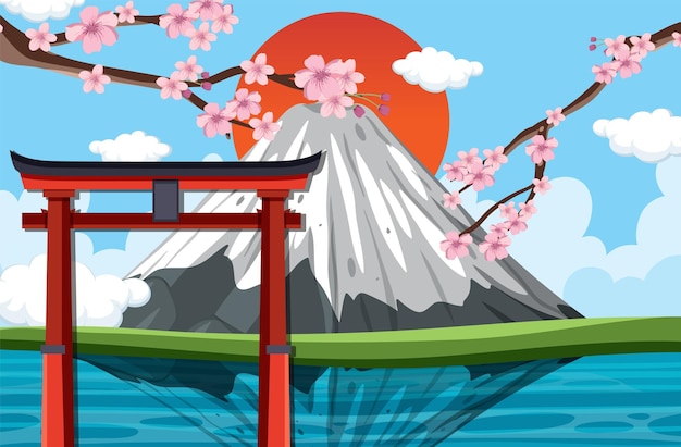Escena de Japón con la montaña Fuji y el fondo de la puerta Torii