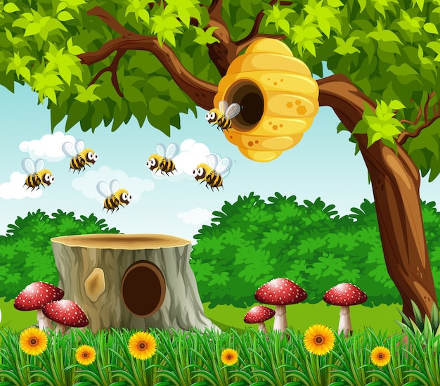 Vector gratuito escena de jardín con abejas volando