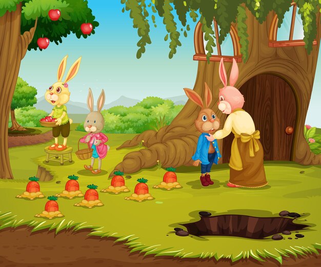 Escena de jardín con personaje de dibujos animados de la familia de conejos