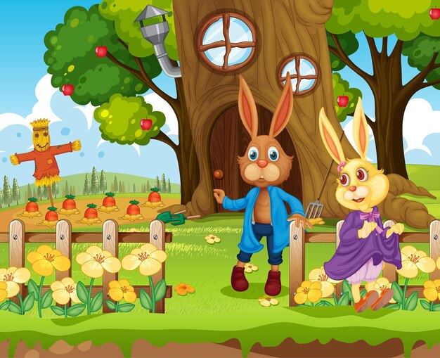 Escena de jardín con personaje de dibujos animados de la familia de conejos