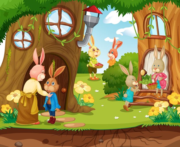Escena de jardín con personaje de dibujos animados de la familia de conejos