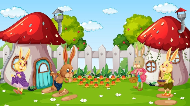 Escena de jardín con personaje de dibujos animados de muchos conejos