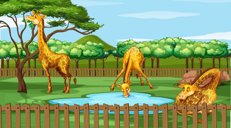 Vector gratuito escena con jirafas en el zoológico
