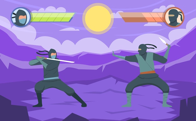 Vector gratuito escena del juego de lucha con dos guerreros ninja con espada y daga ilustración vectorial plana