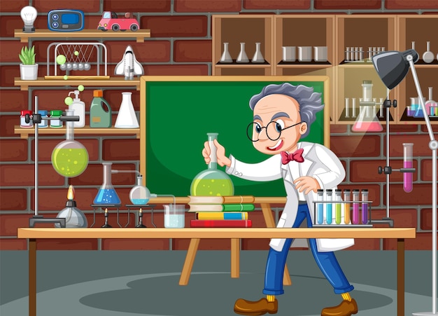 Escena de laboratorio con personaje de dibujos animados científico