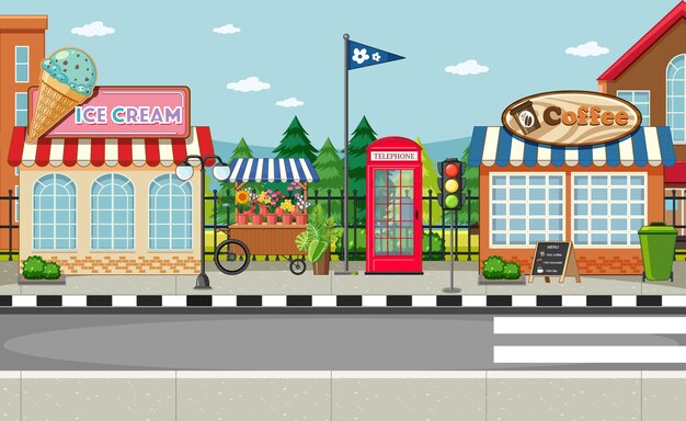Escena del lado de la calle con heladería y cafetería.