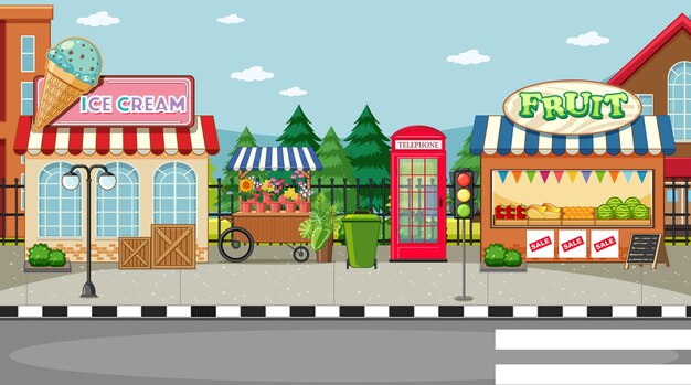 Escena del lado de la calle con heladería y frutería
