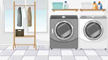 Vector gratuito escena de lavandería con lavadora y perchero.