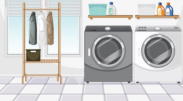Escena de lavandería con lavadora y perchero.