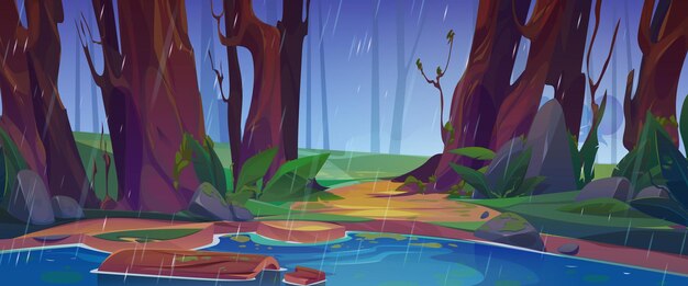 Escena lluviosa de la naturaleza con la hierba verde de los árboles del lago