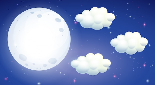 Vector gratuito escena con luna llena y nubes