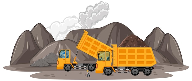 Escena de minería de carbón con camiones de construcción.