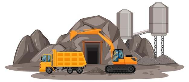 Escena de minería de carbón con diferentes tipos de camiones de construcción.