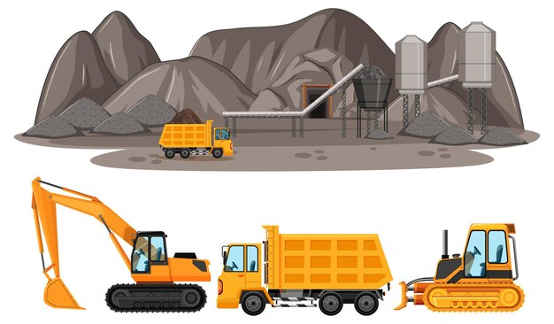 Escena de minería de carbón con diferentes tipos de camiones de construcción.