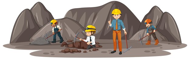 Escena de la minería del carbón con muchos ingenieros.