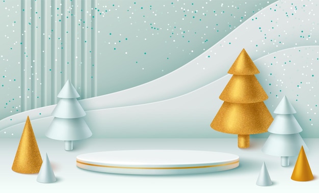 Escena mínima de invierno con podio y árbol de Navidad