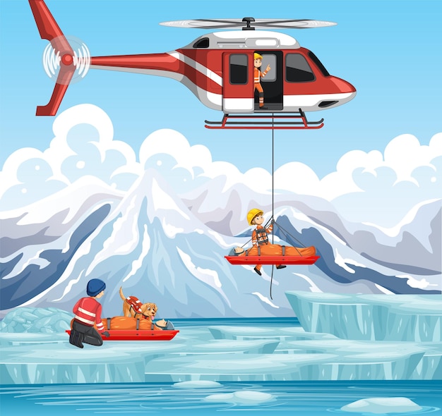 Vector gratuito escena de montaña nevada con rescate de bomberos en estilo de dibujos animados