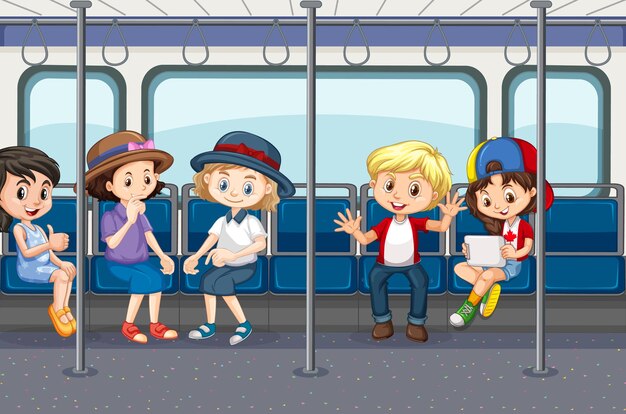 Escena con mucha gente usando transporte público.