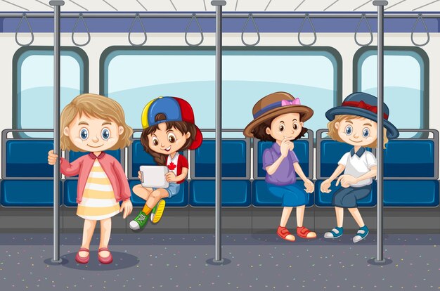 Escena con mucha gente usando transporte público.