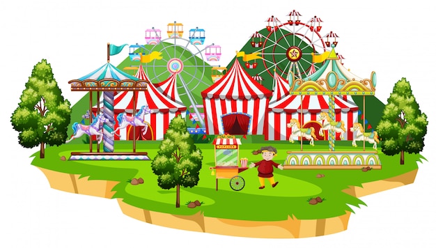 Vector gratuito escena con muchas atracciones en el parque del circo.