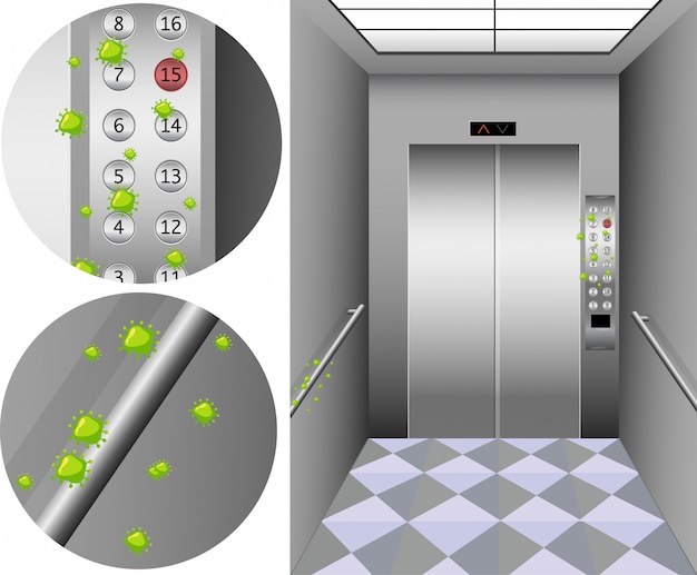 Vector gratuito escena con muchas células de coronavirus en botones en elevador