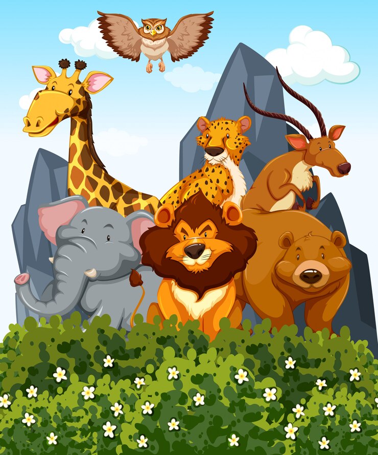 Vector gratuito escena con muchos animales salvajes en el parque.