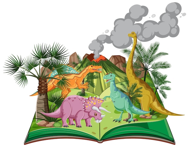 Vector gratuito escena con muchos dinosaurios en el bosque.