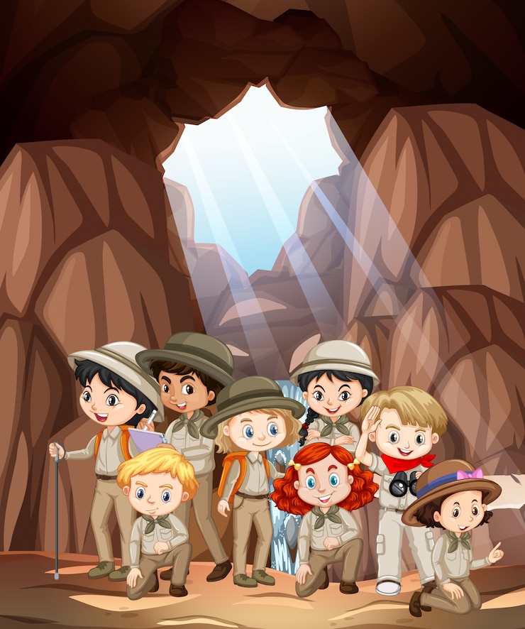Vector gratuito escena con muchos niños en la cueva.