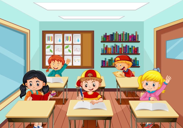 Vector gratuito escena con muchos niños estudiando en el aula.