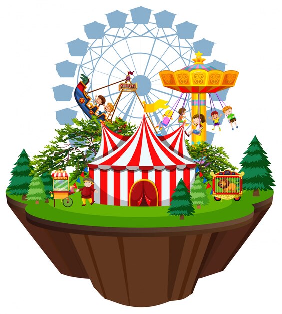 Escena con muchos niños jugando en los juegos de circo
