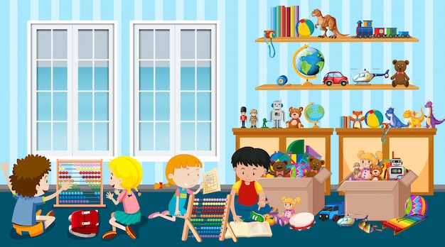 Vector gratuito escena con muchos niños jugando juguetes en la habitación