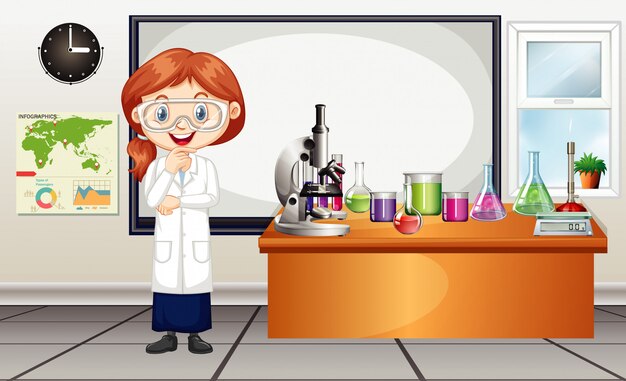 Escena con mujer científico trabajando en el laboratorio.